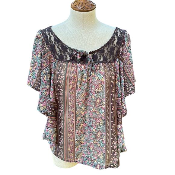 Fang Sheer Lace Paisley Flutter Peasant Boho Long Batwing Blouse Large - Picture 1 of 12